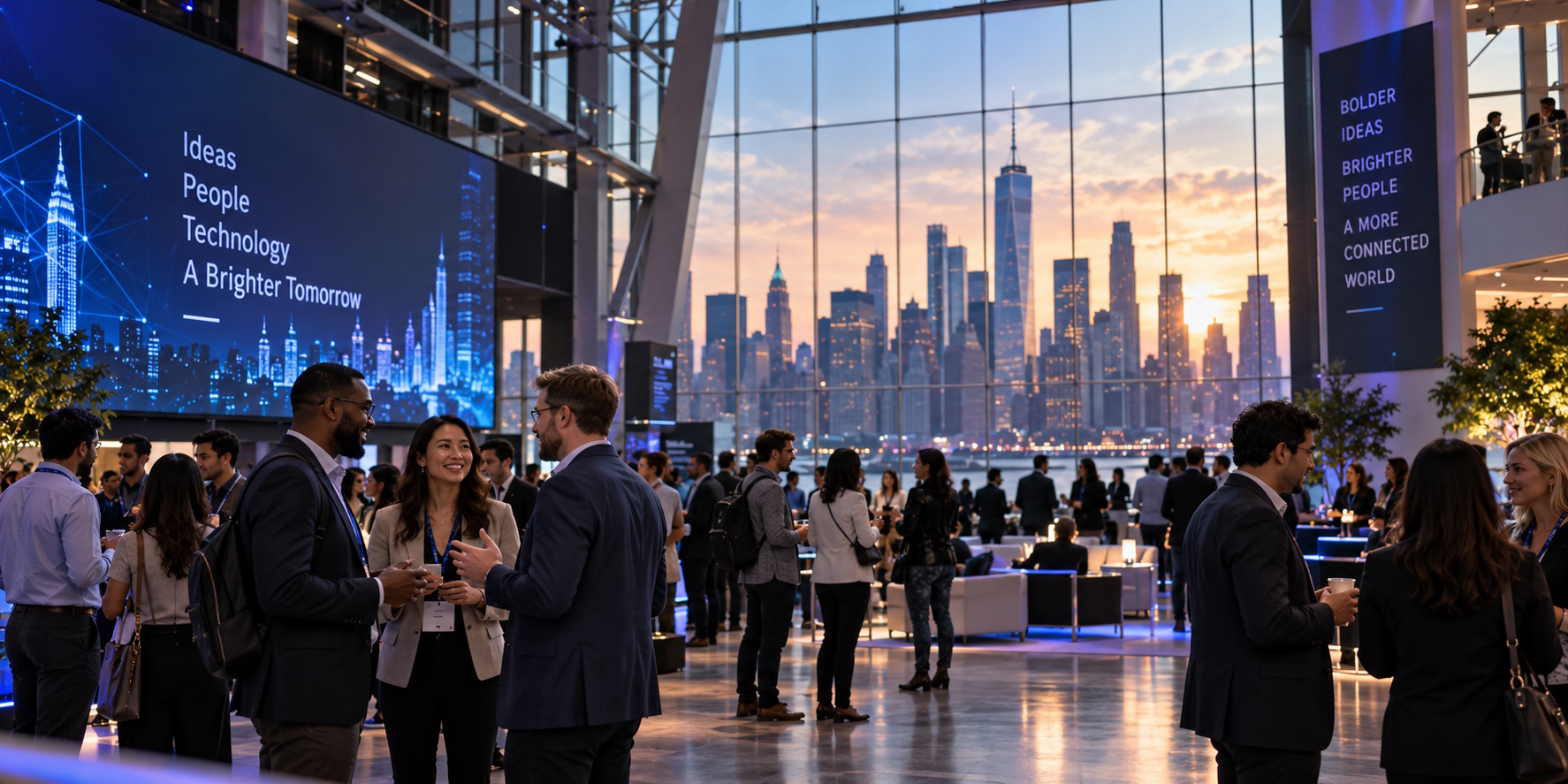 Tech conference attendees networking in NYC venue with digital displays