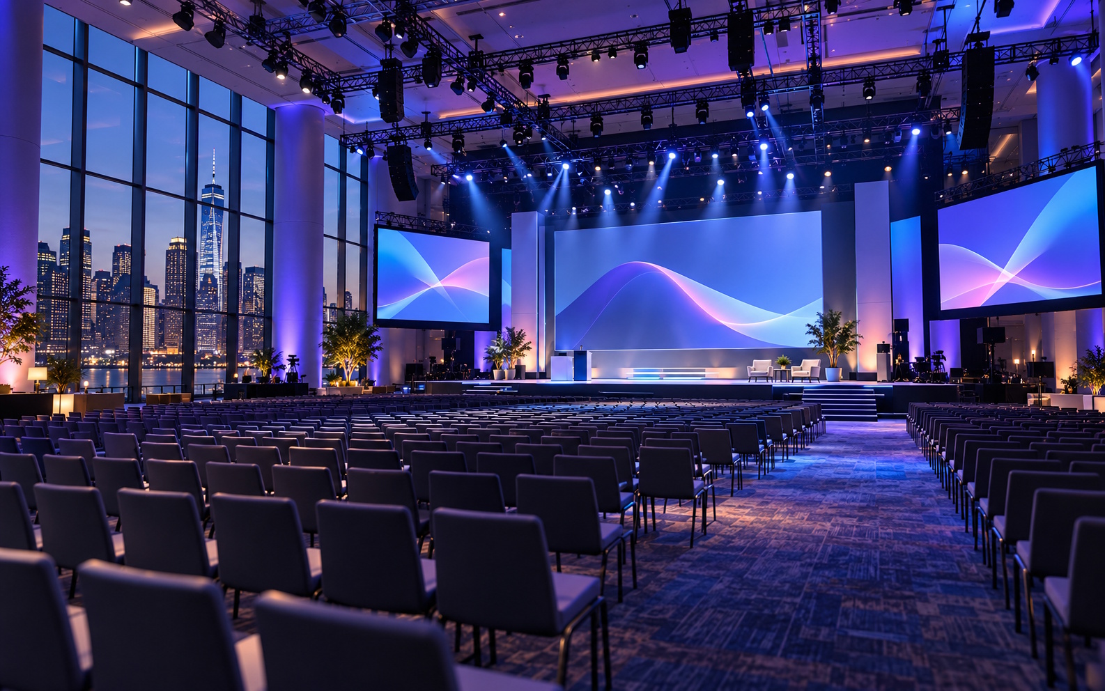 Modern conference venue interior with seating and presentation stage